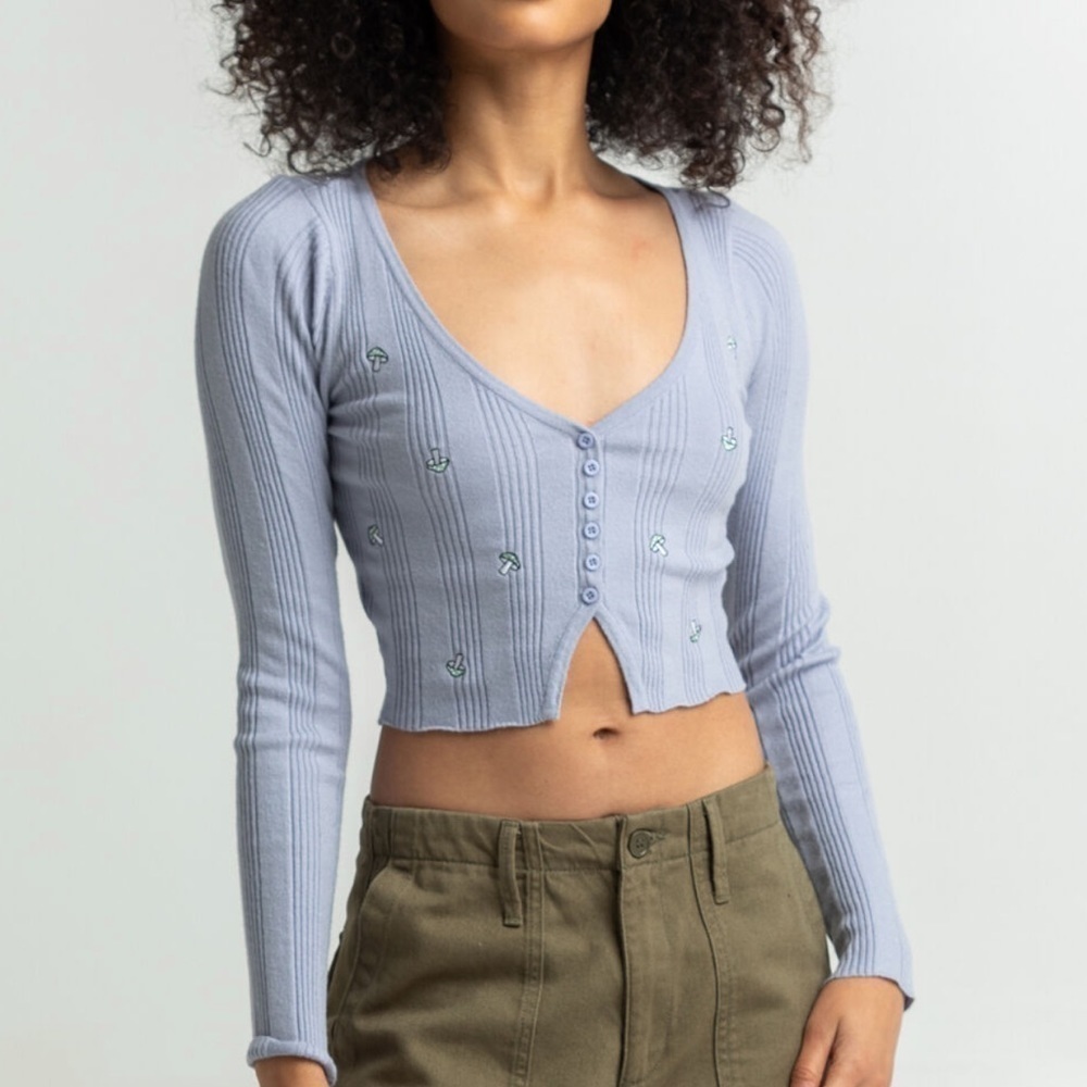 EU Full Tilt Blue Mushroom Ribbed Y2K Style Cropped Cardigan